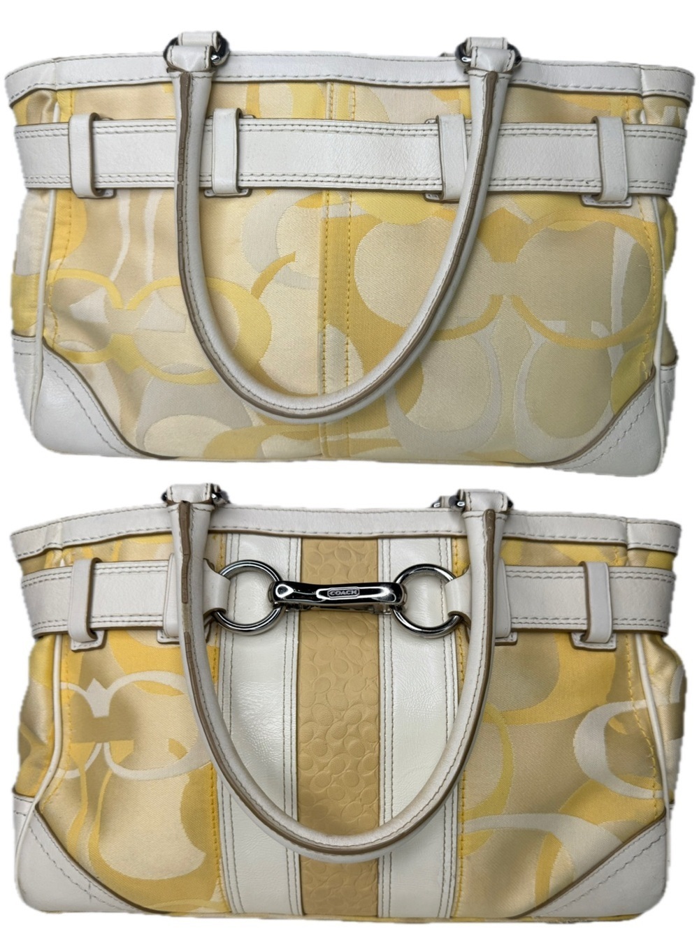 Coach Hampton Optic C Signature Stripe Yellow White Double Handle Shoulder Bag